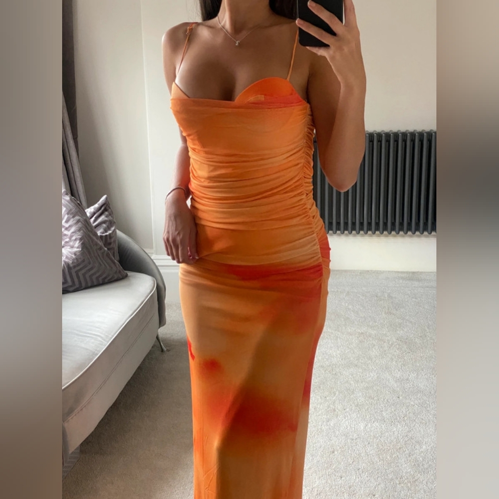 Zara orange draped sheer midi dress corset mesh
